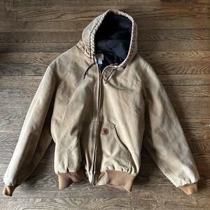 Vintage Hooded Carhartt Jacket Brown Quilt Lined Canvas J130 211 Size MED Tall